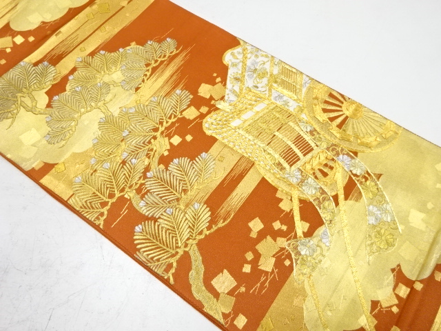 じゅらく製　若松に御所車模様刺繍袋帯